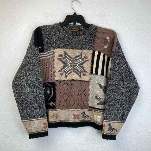 Vintage Eddie Bauer Patchwork Cable Crochet Knit Sweater Cozy Nordic Design Sz.L - Picture 3 of 12